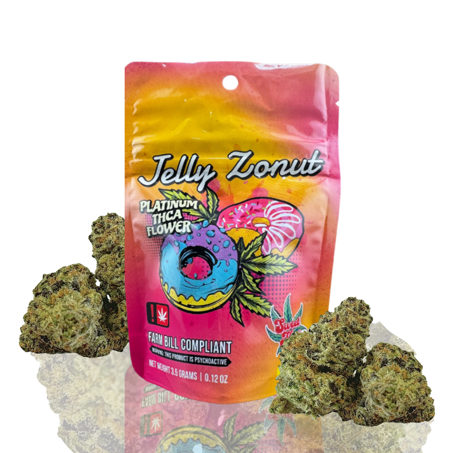This image features a package of "Jelly Zonut" Platinum THC flower, prominently displaying a colorful and eye-catching design. The package is vibrant with a mix of pink and yellow hues, enhanced by playful graphics including a cartoon-style donut and hibiscus flowers.