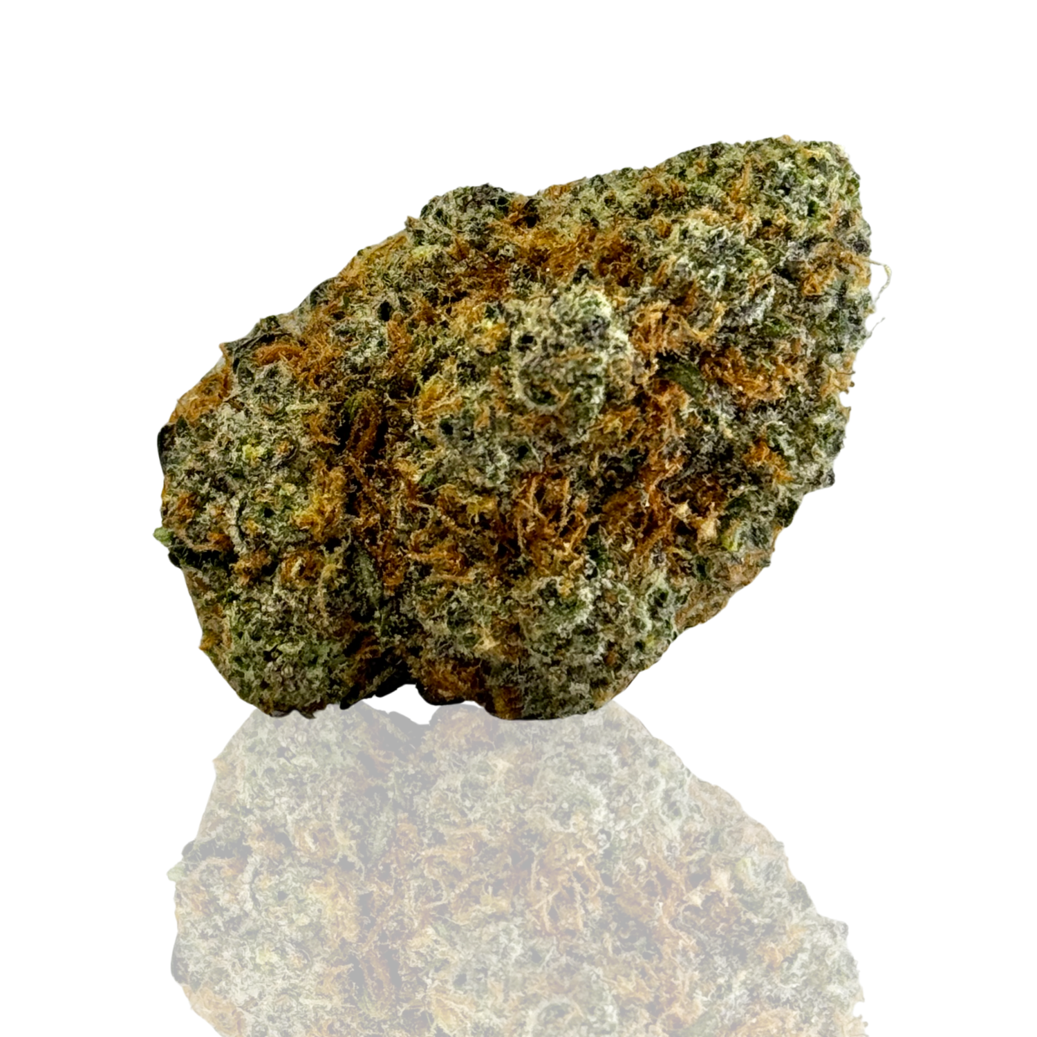 Close-up of a dense cannabis bud covered in orange hairs and a frosty trichome layer.