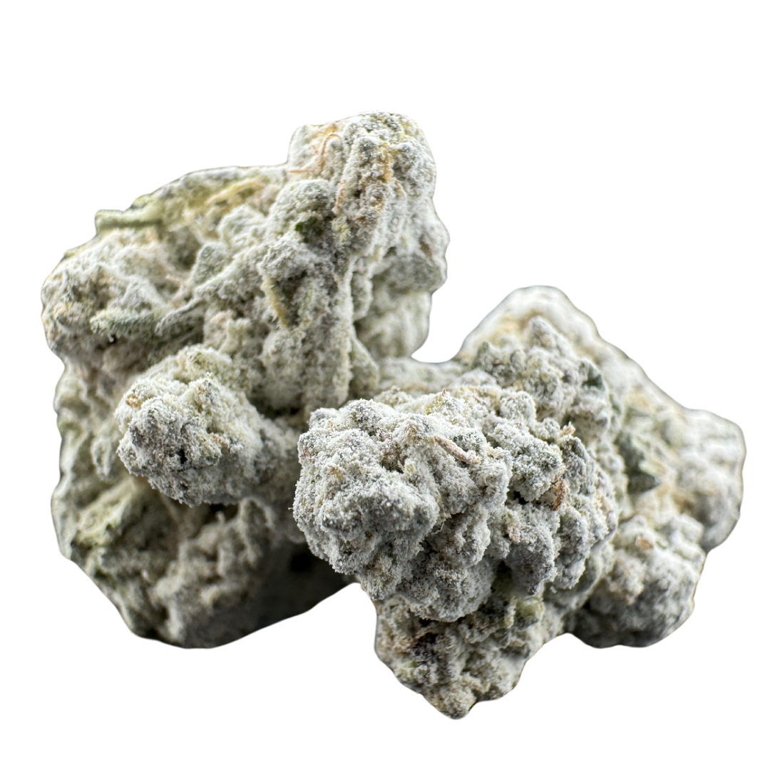 Close-up of dense, frosty cannabis buds, showcasing rich green hues and a thick layer of trichomes