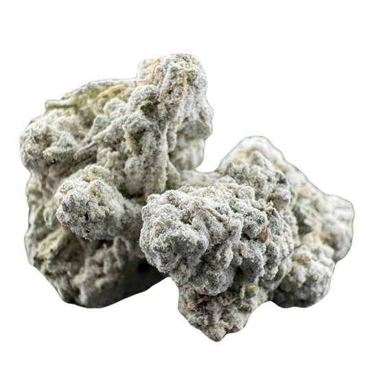 Close-up of dense, frosty cannabis buds, showcasing rich green hues and a thick layer of trichomes